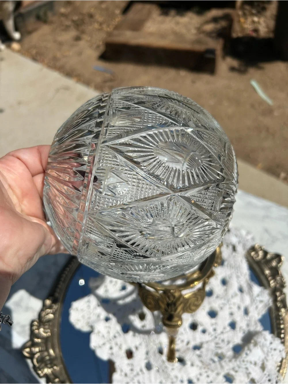 Brass Tripod Stand with Cut Crystal Globe - Clear